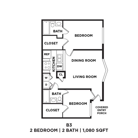 A floor plan of a 2 bedroom, 2 bathroom apartment sized 1,080 square feet.